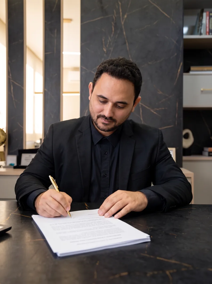 Dr. Thairo Souza analisando um contrato à mesa do escritório
